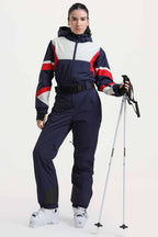 Women's Navy Insulated Color-Block Multi-Pocket Utility One-Piece Ski Suit Snowboard Suit
