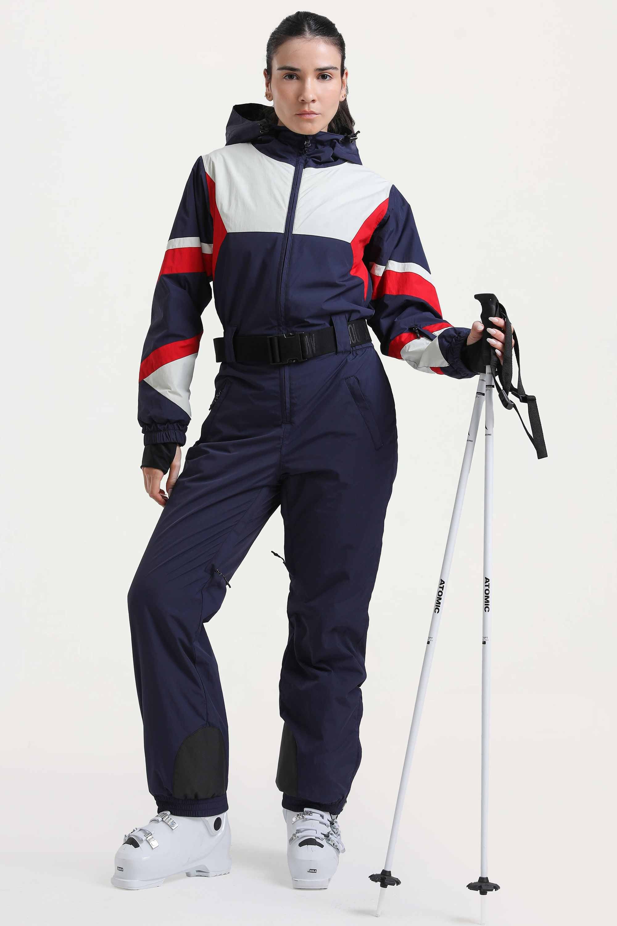 Women's Navy Insulated Color-Block Multi-Pocket Utility One-Piece Ski Suit Snowboard Suit