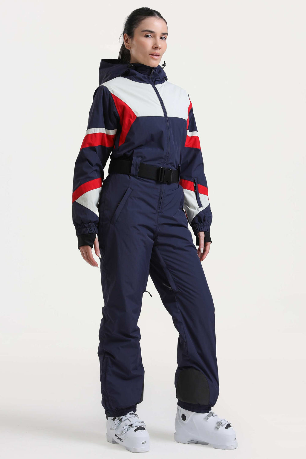 Women's Navy Insulated Color-Block Multi-Pocket Utility One-Piece Ski Suit Snowboard Suit