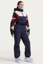 Women's Navy Insulated Color-Block Multi-Pocket Utility One-Piece Ski Suit Snowboard Suit