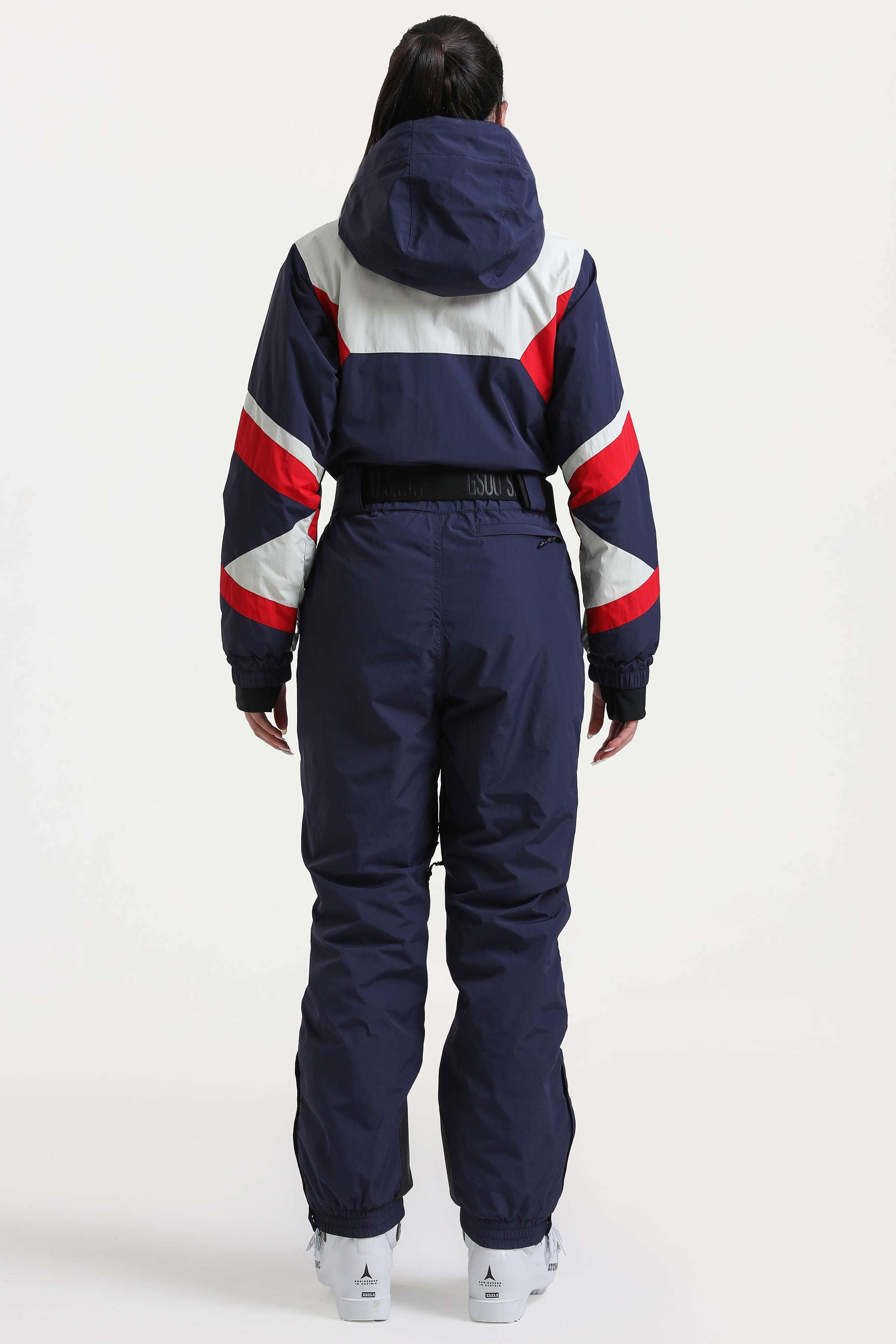 Women's Navy Insulated Color-Block Multi-Pocket Utility One-Piece Ski Suit Snowboard Suit