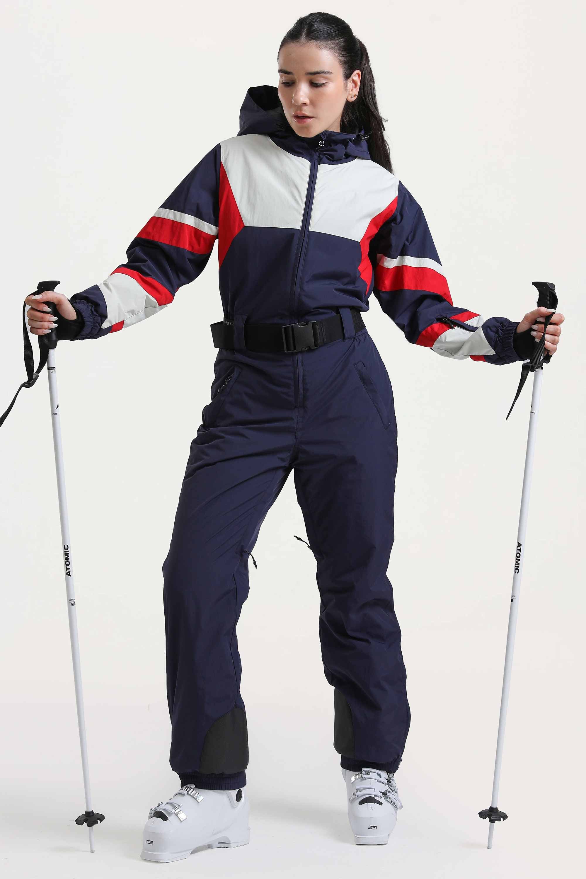 Women's Navy Insulated Color-Block Multi-Pocket Utility One-Piece Ski Suit Snowboard Suit