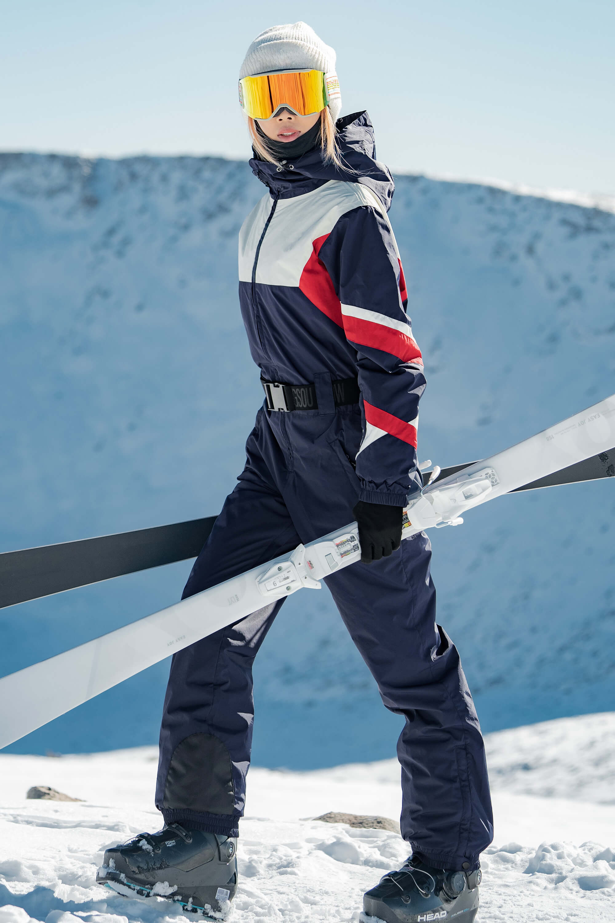 Women's Blue Insulated Color-Block Multi-Pocket Utility One-Piece Ski Suit Snowboard Suit