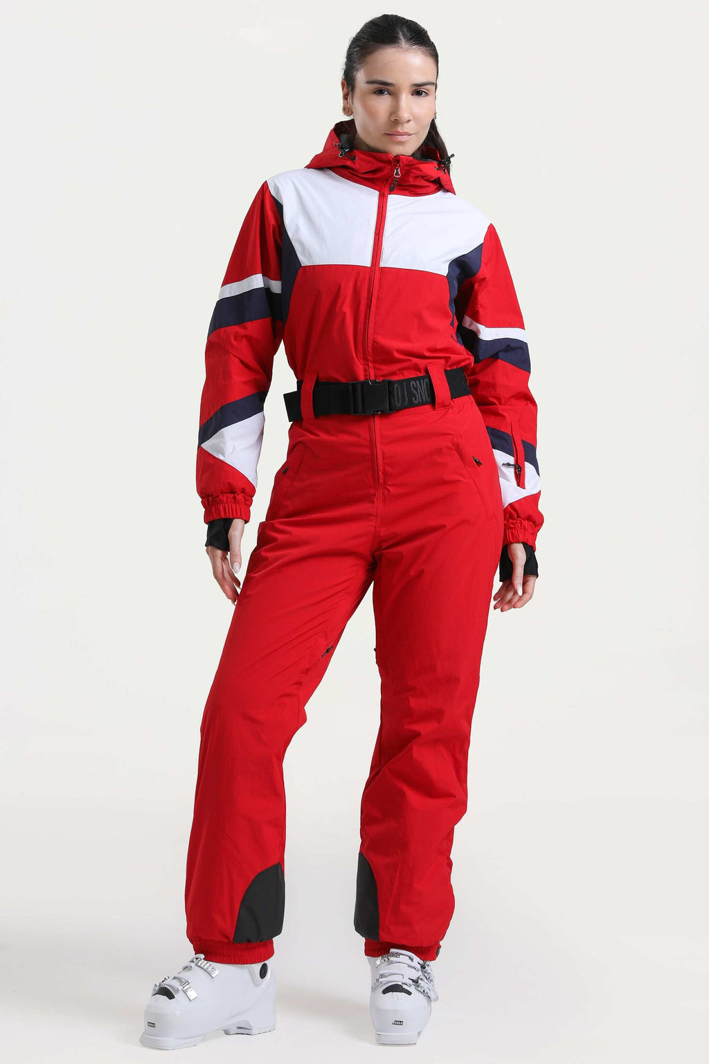 Women's Blue Insulated Color-Block Multi-Pocket Utility One-Piece Ski Suit Snowboard Suit