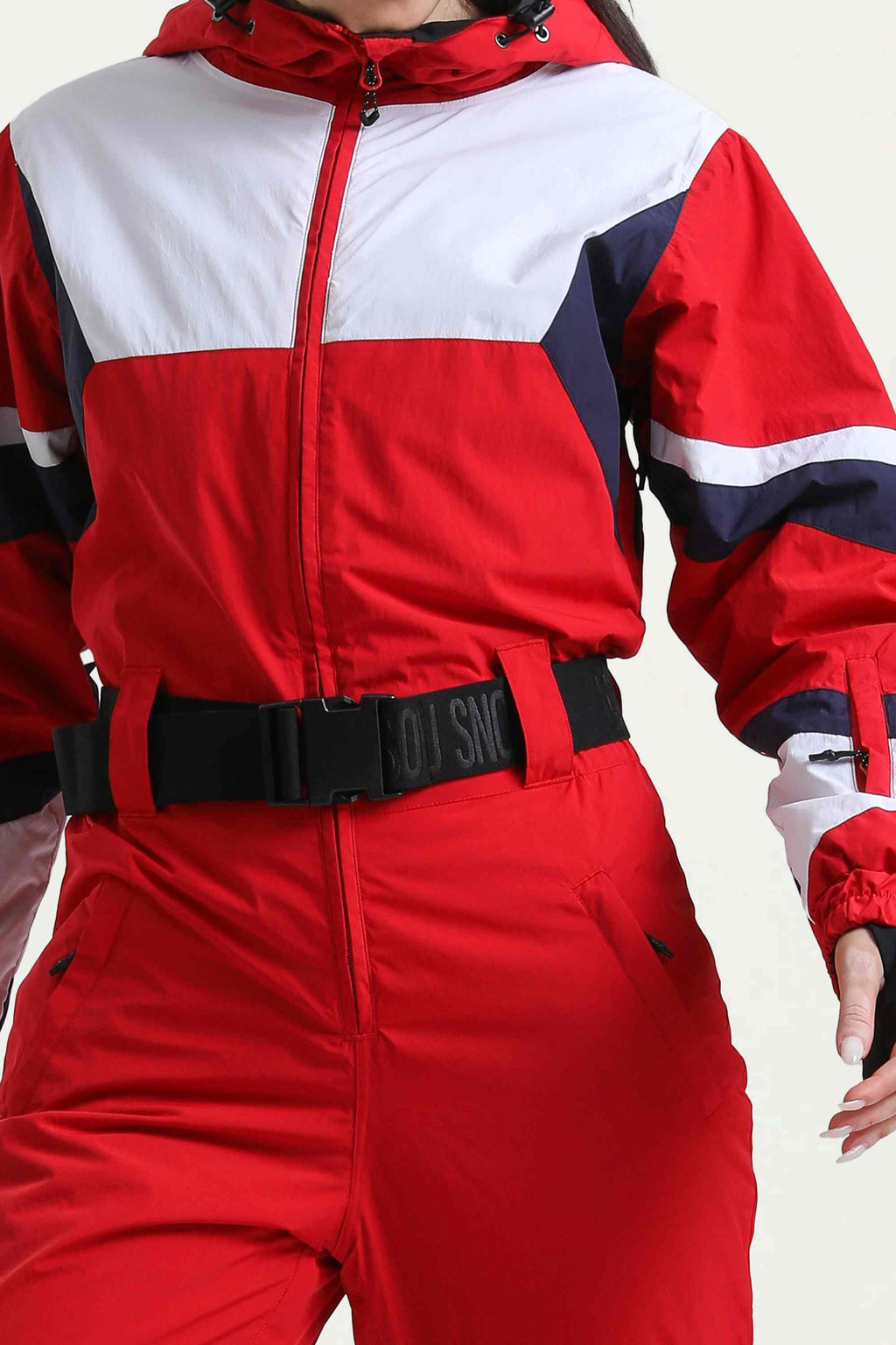 Women's Red Insulated Color-Block Multi-Pocket Utility One-Piece Ski Suit Snowboard Suit