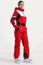 Women's Red Insulated Color-Block Multi-Pocket Utility One-Piece Ski Suit Snowboard Suit