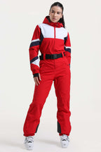 Women's Army Green Insulated Color-Block Multi-Pocket Utility One-Piece Ski Suit Snowboard Suit
