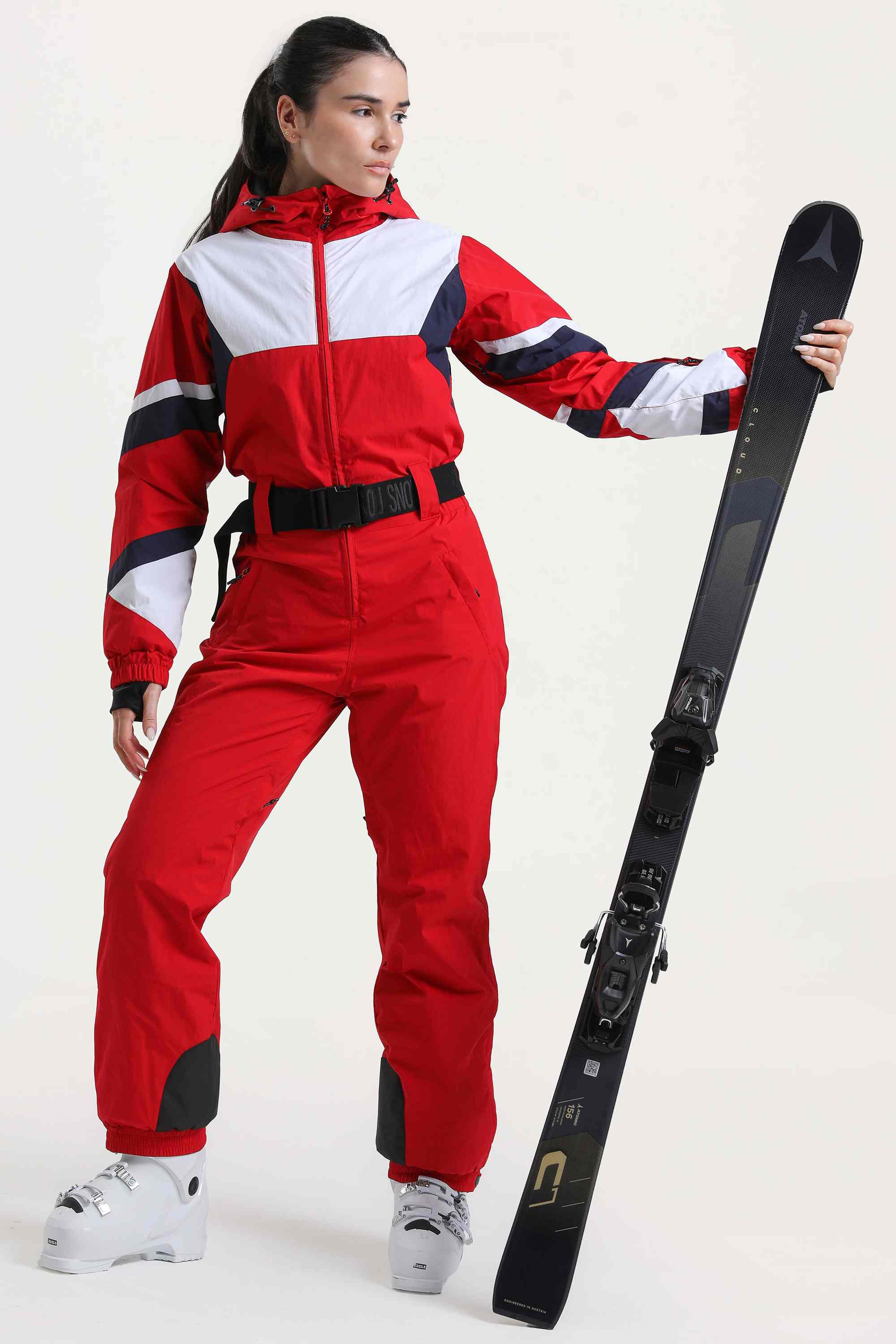 Women's Red Insulated Color-Block Multi-Pocket Utility One-Piece Ski Suit Snowboard Suit