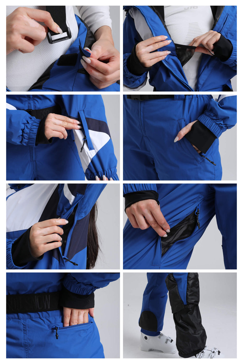 Women's Blue Insulated Color-Block Multi-Pocket Utility One-Piece Ski Suit Snowboard Suit