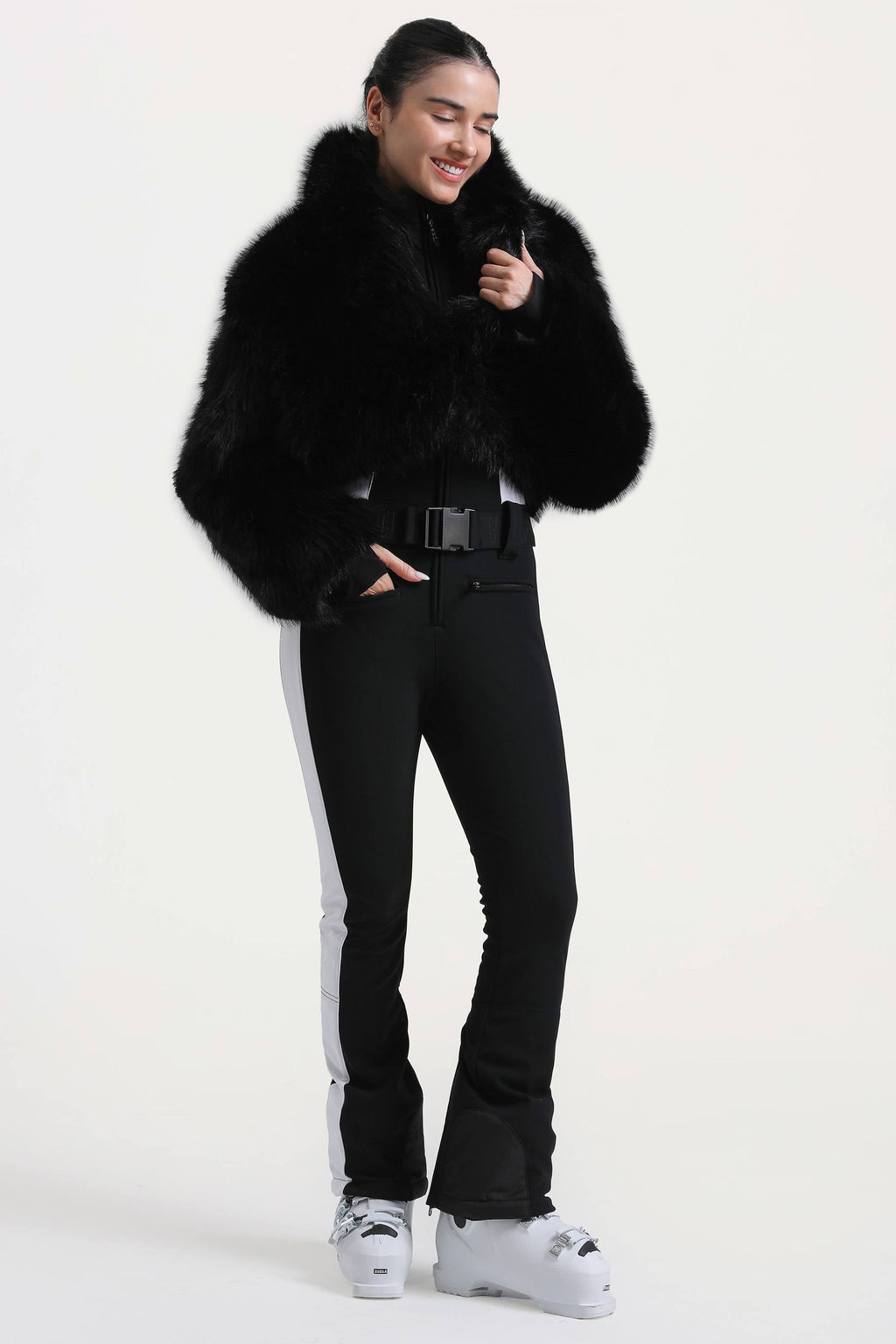 Women's Khaki Slim-Fit Detachable Faux Fox Fur Flared-Leg One-Piece Ski Suit Snowboard Suit