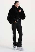 Women's Khaki Slim-Fit Detachable Faux Fox Fur Flared-Leg One-Piece Ski Suit Snowboard Suit