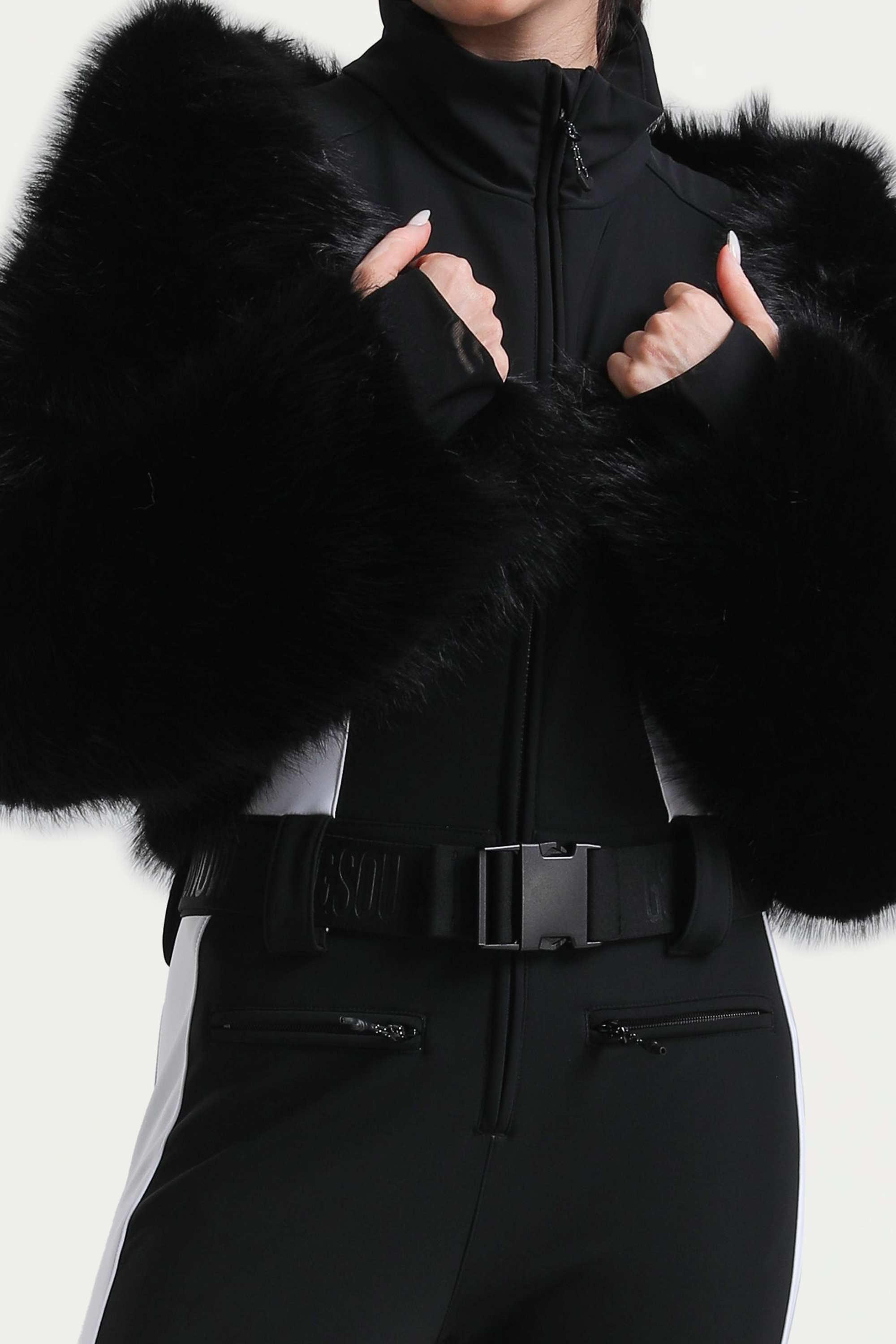 Women's Black Slim-Fit Detachable Faux Fox Fur Flared-Leg One-Piece Ski Suit Snowboard Suit Secondary image