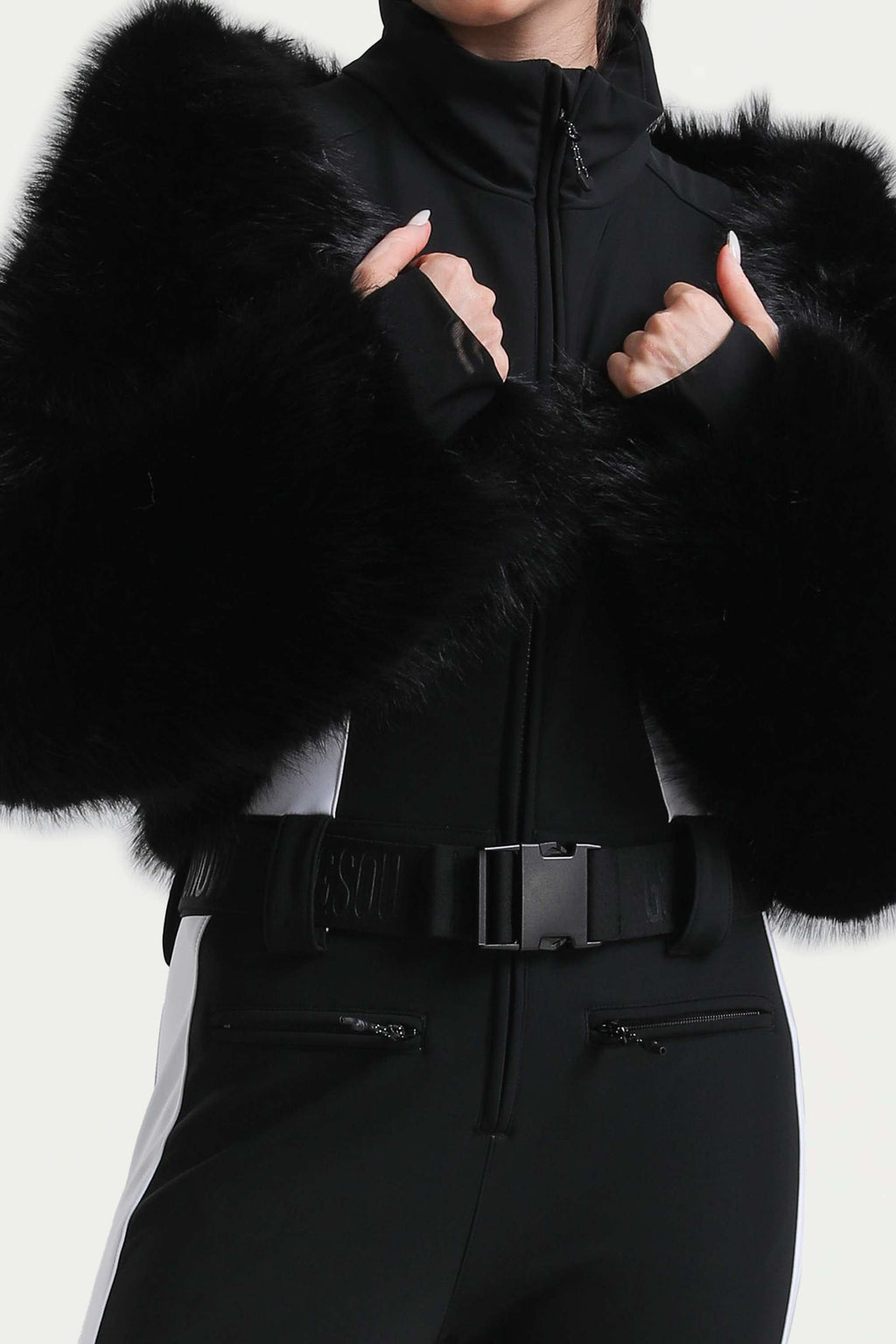 Women's Black Slim-Fit Detachable Faux Fox Fur Flared-Leg One-Piece Ski Suit Snowboard Suit