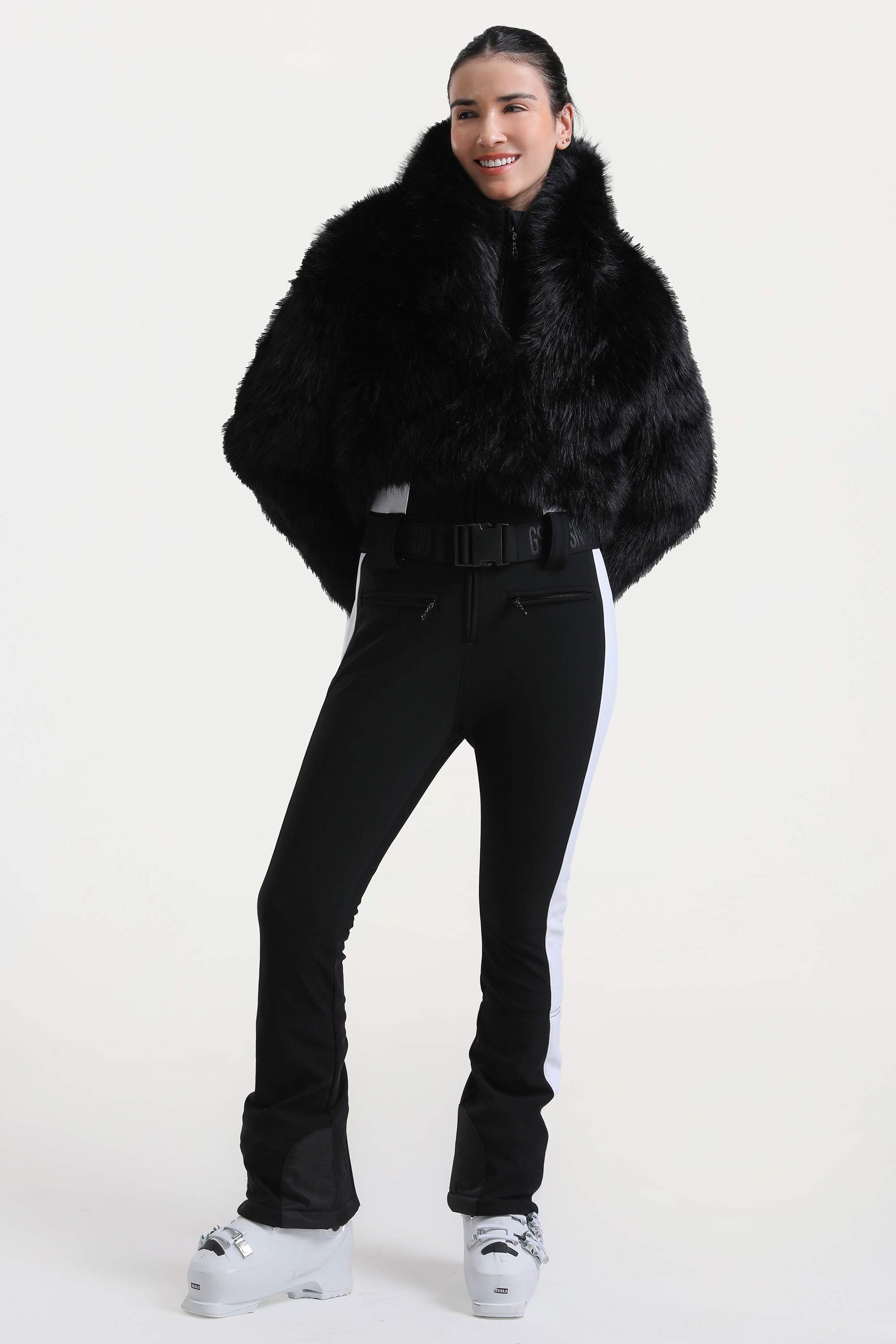 Women's White Slim-Fit Detachable Faux Fox Fur Flared-Leg One-Piece Ski Suit Snowboard Suit