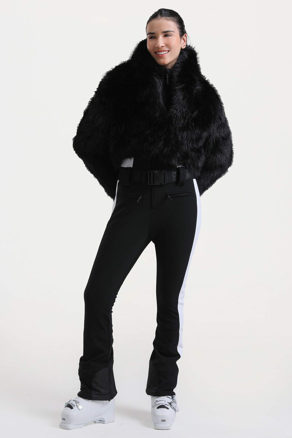 Women's Black Slim-Fit Detachable Faux Fox Fur Flared-Leg One-Piece Ski Suit Snowboard Suit