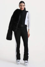 Women's Black Slim-Fit Detachable Faux Fox Fur Flared-Leg One-Piece Ski Suit Snowboard Suit