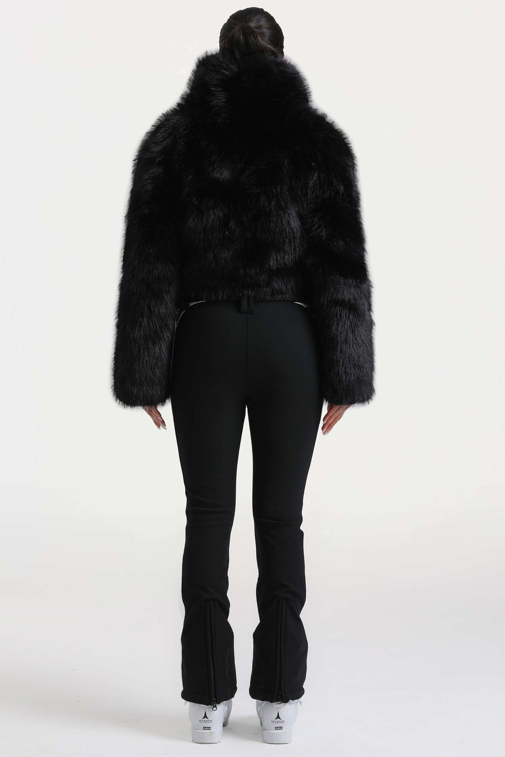Women's Black Slim-Fit Detachable Faux Fox Fur Flared-Leg One-Piece Ski Suit Snowboard Suit