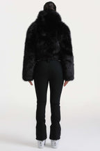 Women's Black Slim-Fit Detachable Faux Fox Fur Flared-Leg One-Piece Ski Suit Snowboard Suit