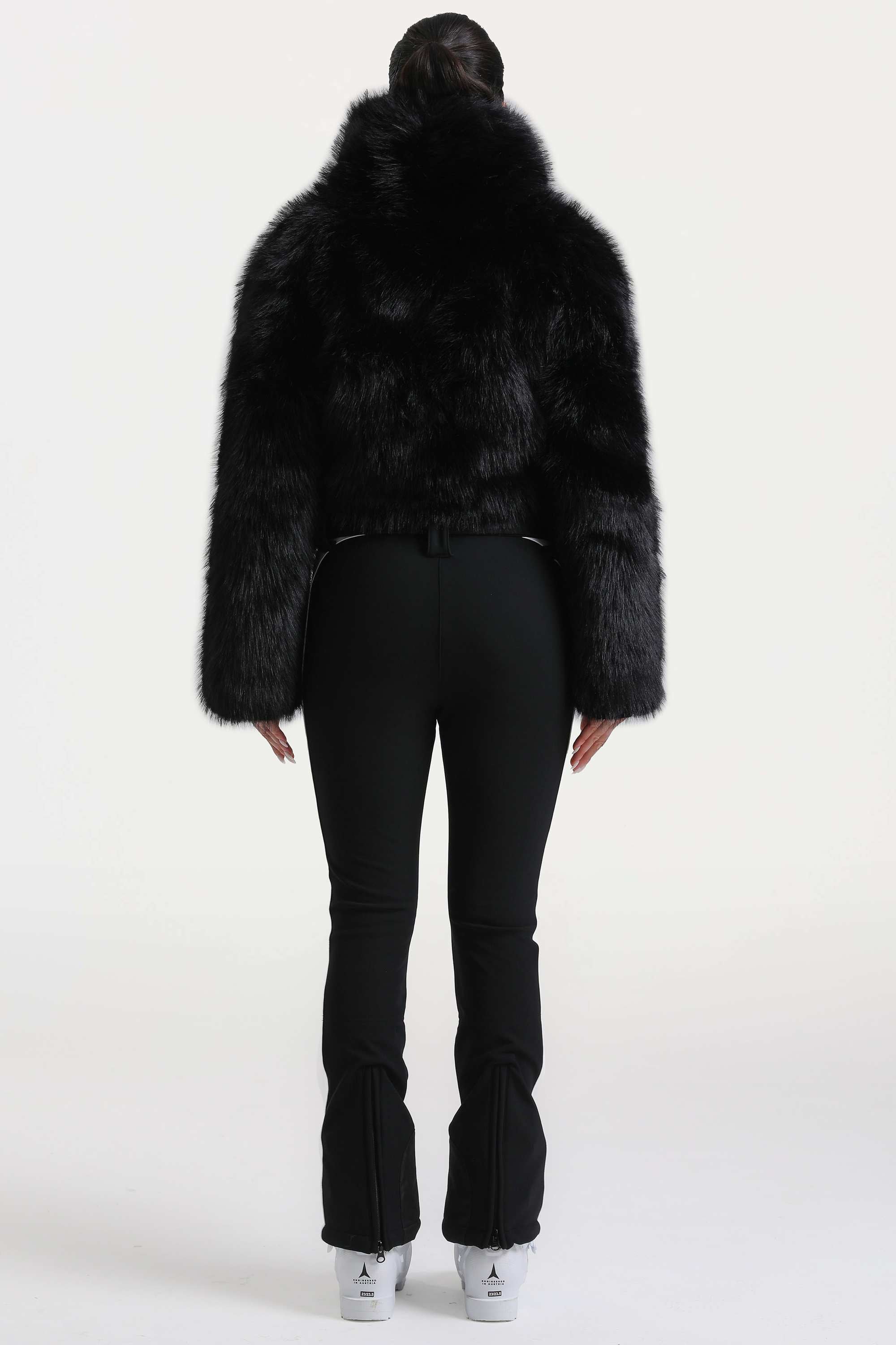 Women's Black Slim-Fit Detachable Faux Fox Fur Flared-Leg One-Piece Ski Suit Snowboard Suit