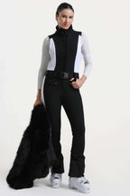 Women's Black Slim-Fit Detachable Faux Fox Fur Flared-Leg One-Piece Ski Suit Snowboard Suit