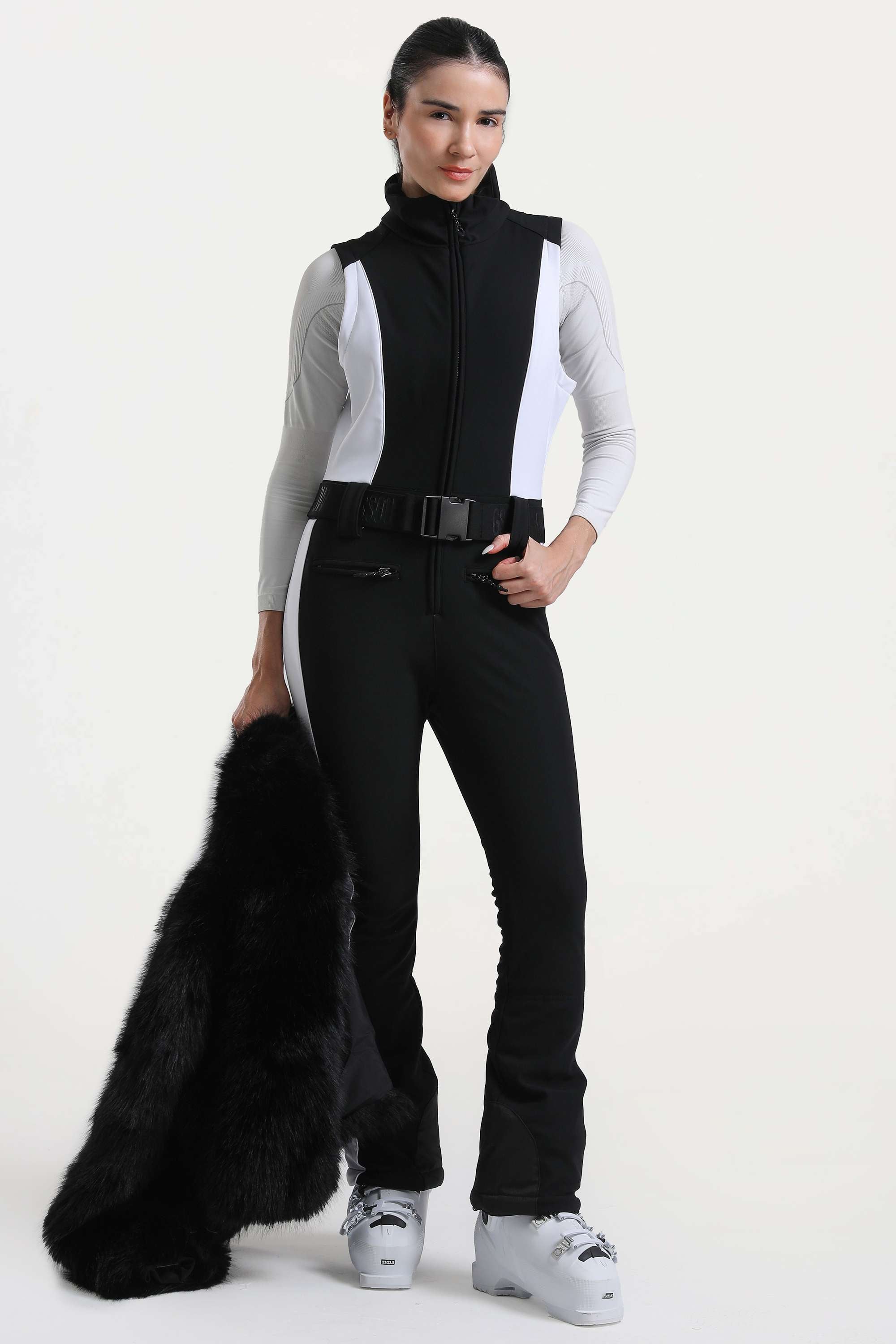 Women's Black Slim-Fit Detachable Faux Fox Fur Flared-Leg One-Piece Ski Suit Snowboard Suit