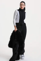 Women's Black Slim-Fit Detachable Faux Fox Fur Flared-Leg One-Piece Ski Suit Snowboard Suit