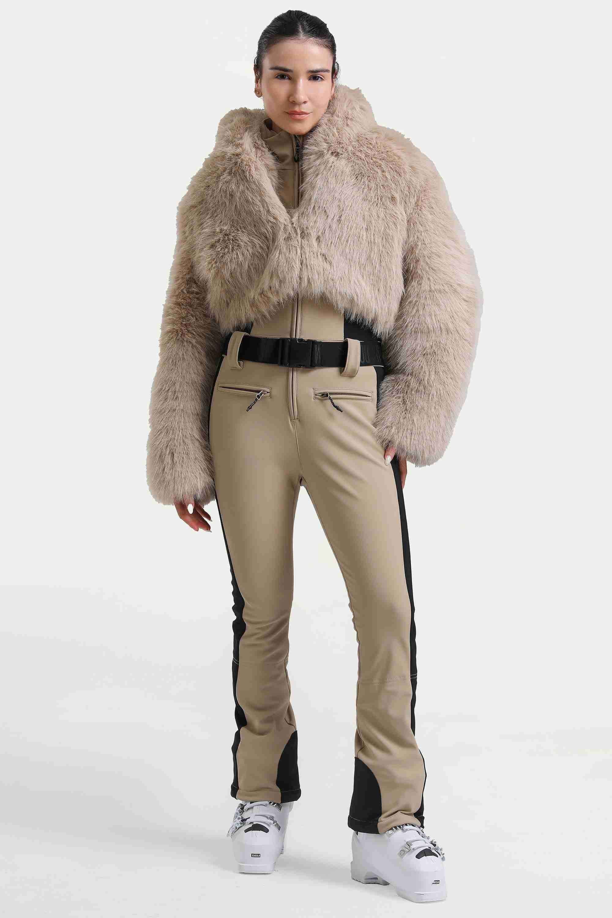 Women's Khaki Slim-Fit Detachable Faux Fox Fur Flared-Leg One-Piece Ski Suit Snowboard Suit Main image