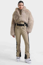 Women's Khaki Slim-Fit Detachable Faux Fox Fur Flared-Leg One-Piece Ski Suit Snowboard Suit