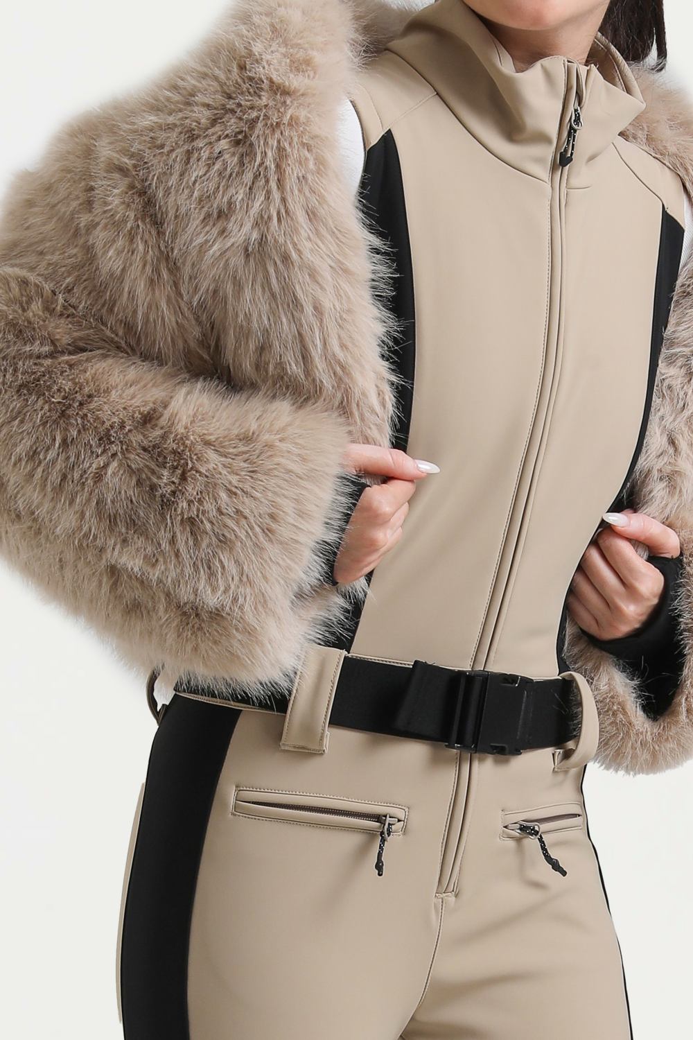 Women's Khaki Slim-Fit Detachable Faux Fox Fur Flared-Leg One-Piece Ski Suit Snowboard Suit Secondary image