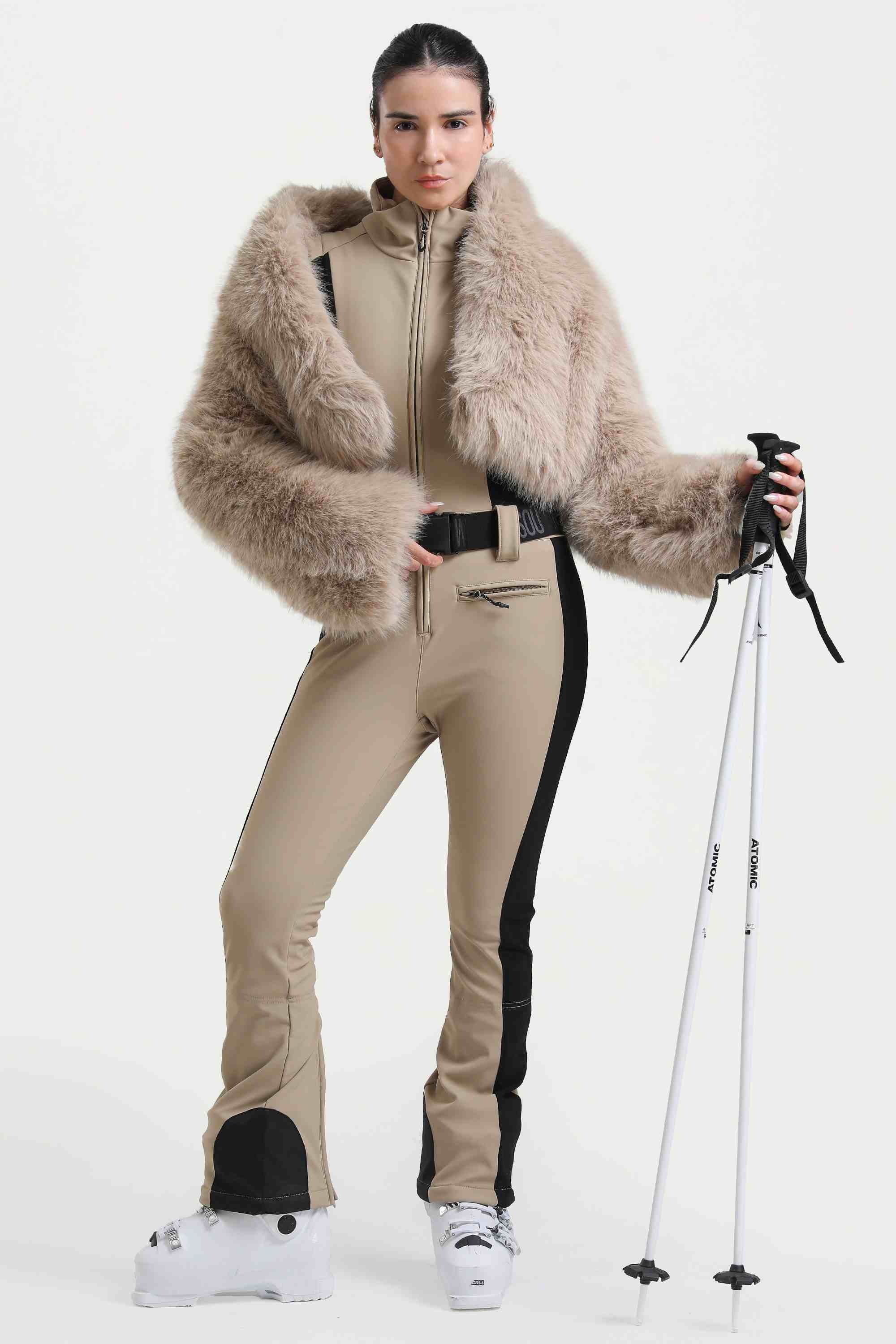 Women's Khaki Slim-Fit Detachable Faux Fox Fur Flared-Leg One-Piece Ski Suit Snowboard Suit