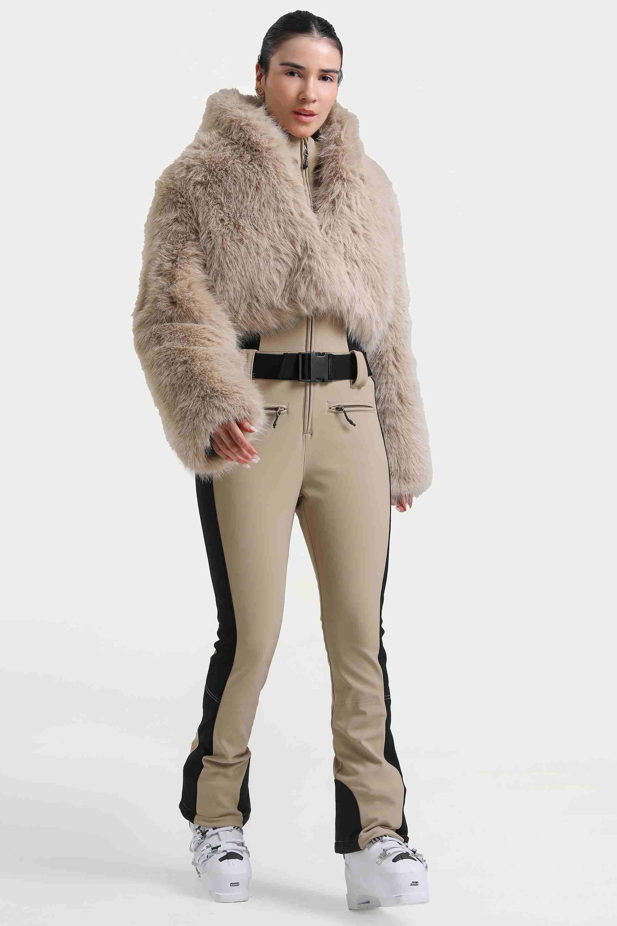Women's Khaki Slim-Fit Detachable Faux Fox Fur Flared-Leg One-Piece Ski Suit Snowboard Suit