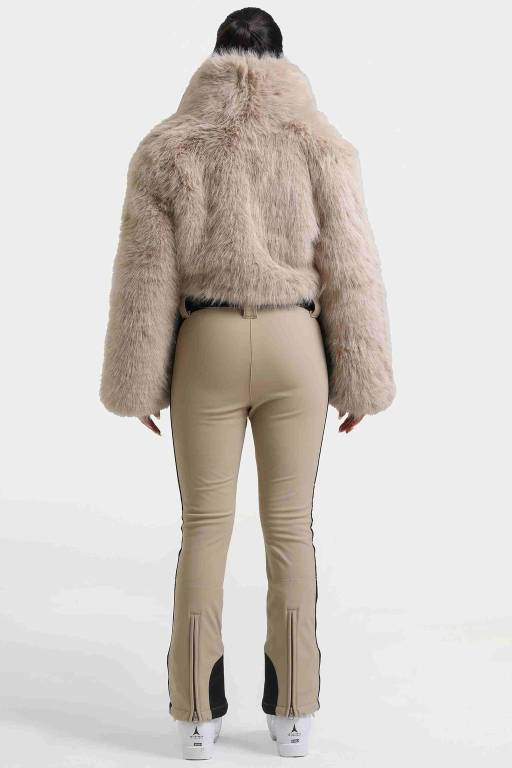 Women's Khaki Slim-Fit Detachable Faux Fox Fur Flared-Leg One-Piece Ski Suit Snowboard Suit