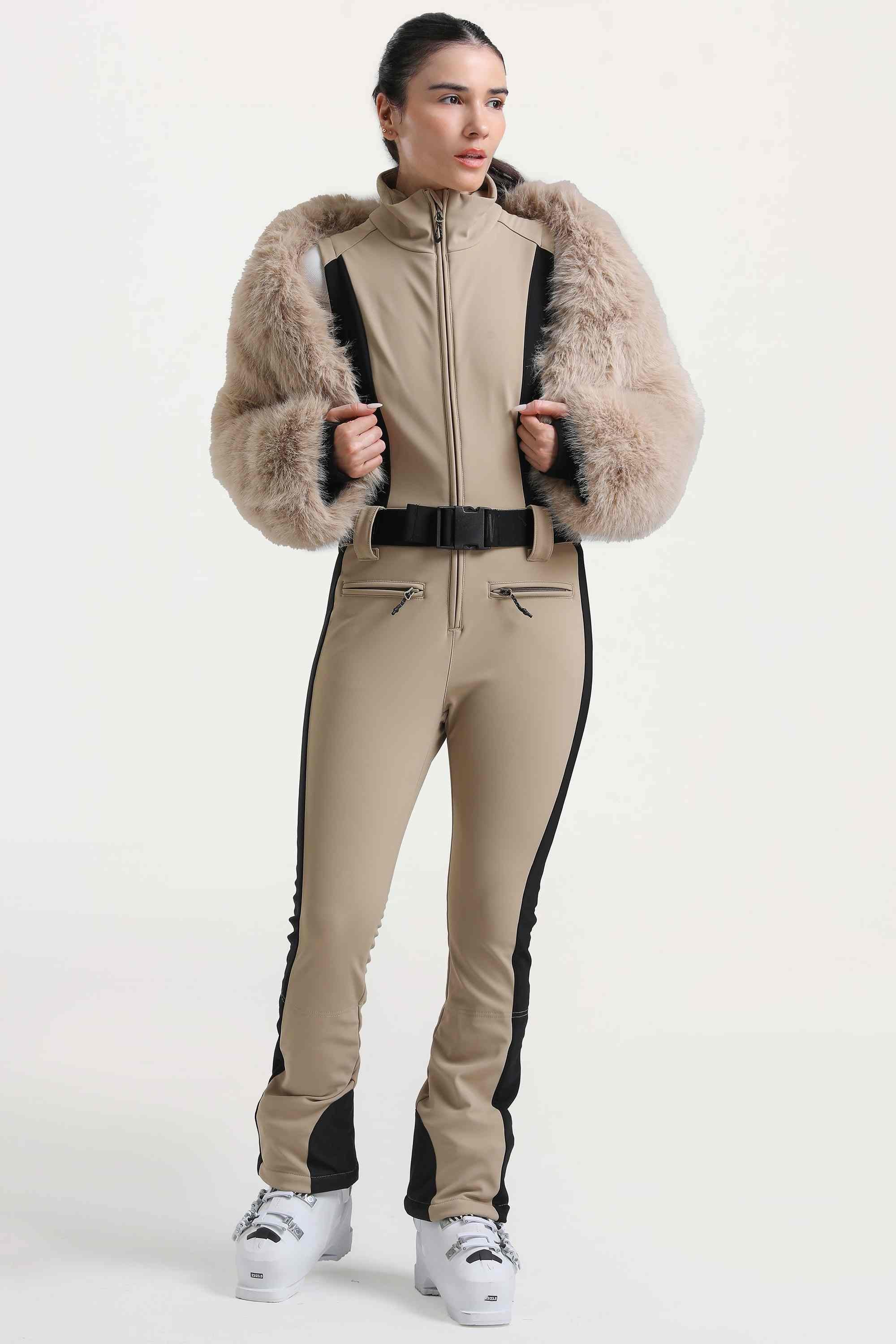 Women's Khaki Slim-Fit Detachable Faux Fox Fur Flared-Leg One-Piece Ski Suit Snowboard Suit