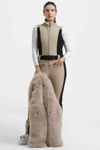 Women's Black Slim-Fit Detachable Faux Fox Fur Flared-Leg One-Piece Ski Suit Snowboard Suit
