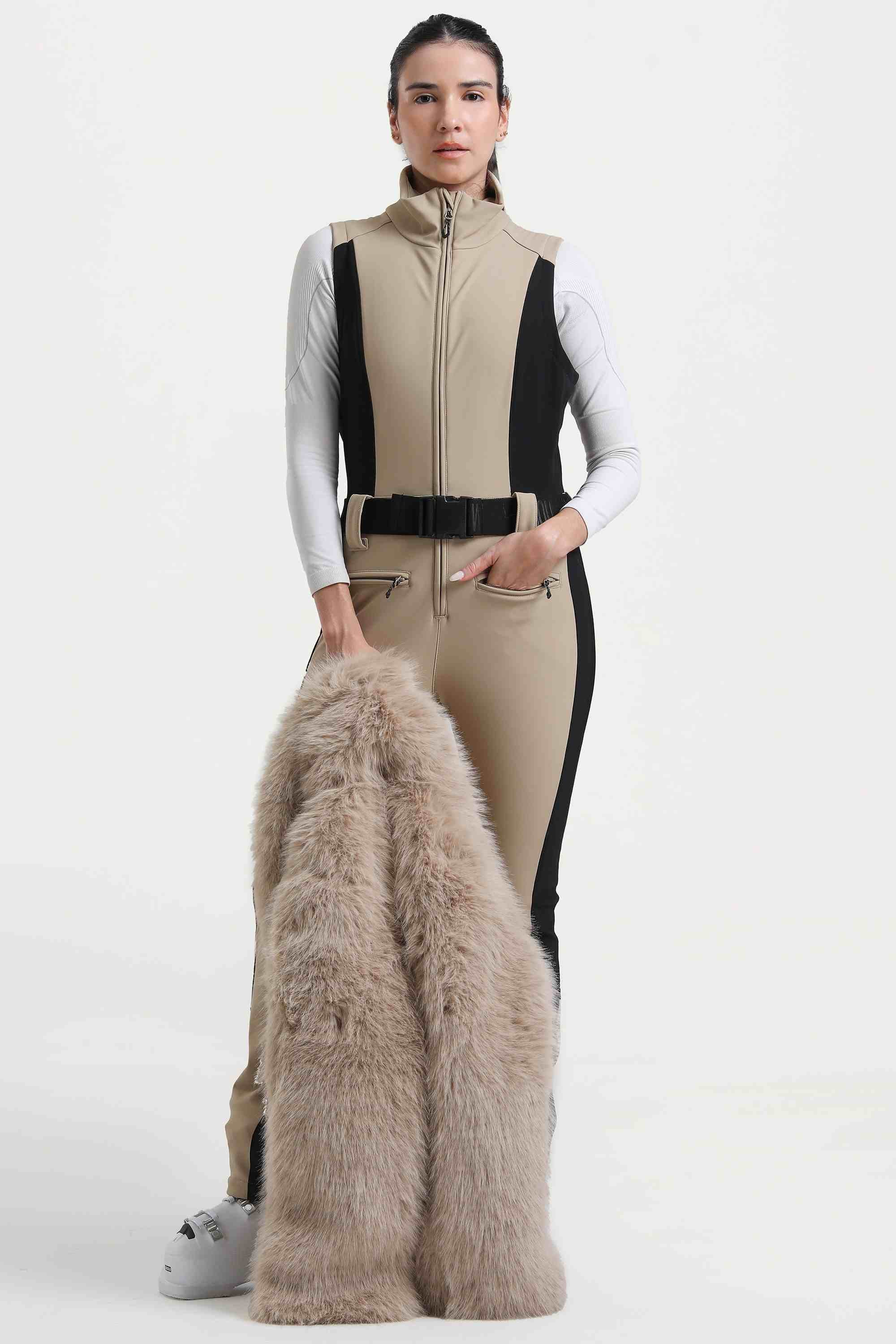 Women's Khaki Slim-Fit Detachable Faux Fox Fur Flared-Leg One-Piece Ski Suit Snowboard Suit
