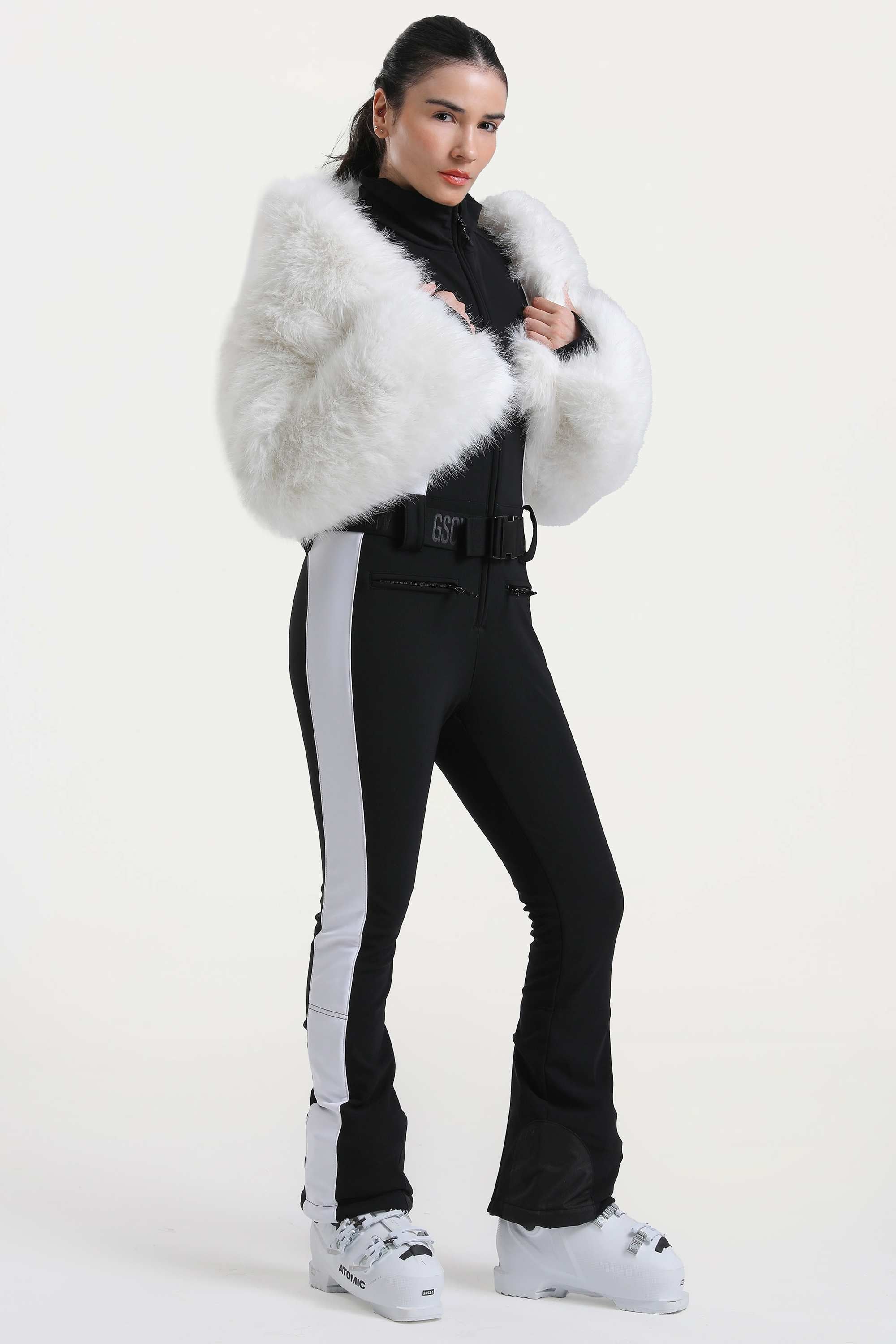 Women's White Slim-Fit Detachable Faux Fox Fur Flared-Leg One-Piece Ski Suit Snowboard Suit Main image