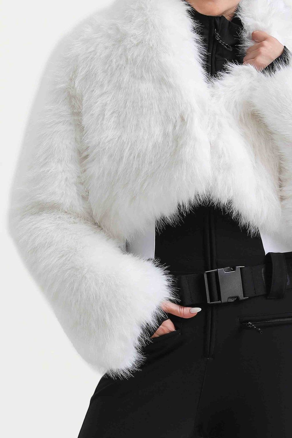 Women's White Slim-Fit Detachable Faux Fox Fur Flared-Leg One-Piece Ski Suit Snowboard Suit