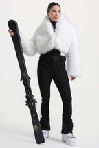 Women's Black Slim-Fit Detachable Faux Fox Fur Flared-Leg One-Piece Ski Suit Snowboard Suit