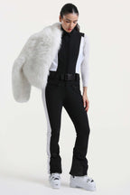 Women's White Slim-Fit Detachable Faux Fox Fur Flared-Leg One-Piece Ski Suit Snowboard Suit