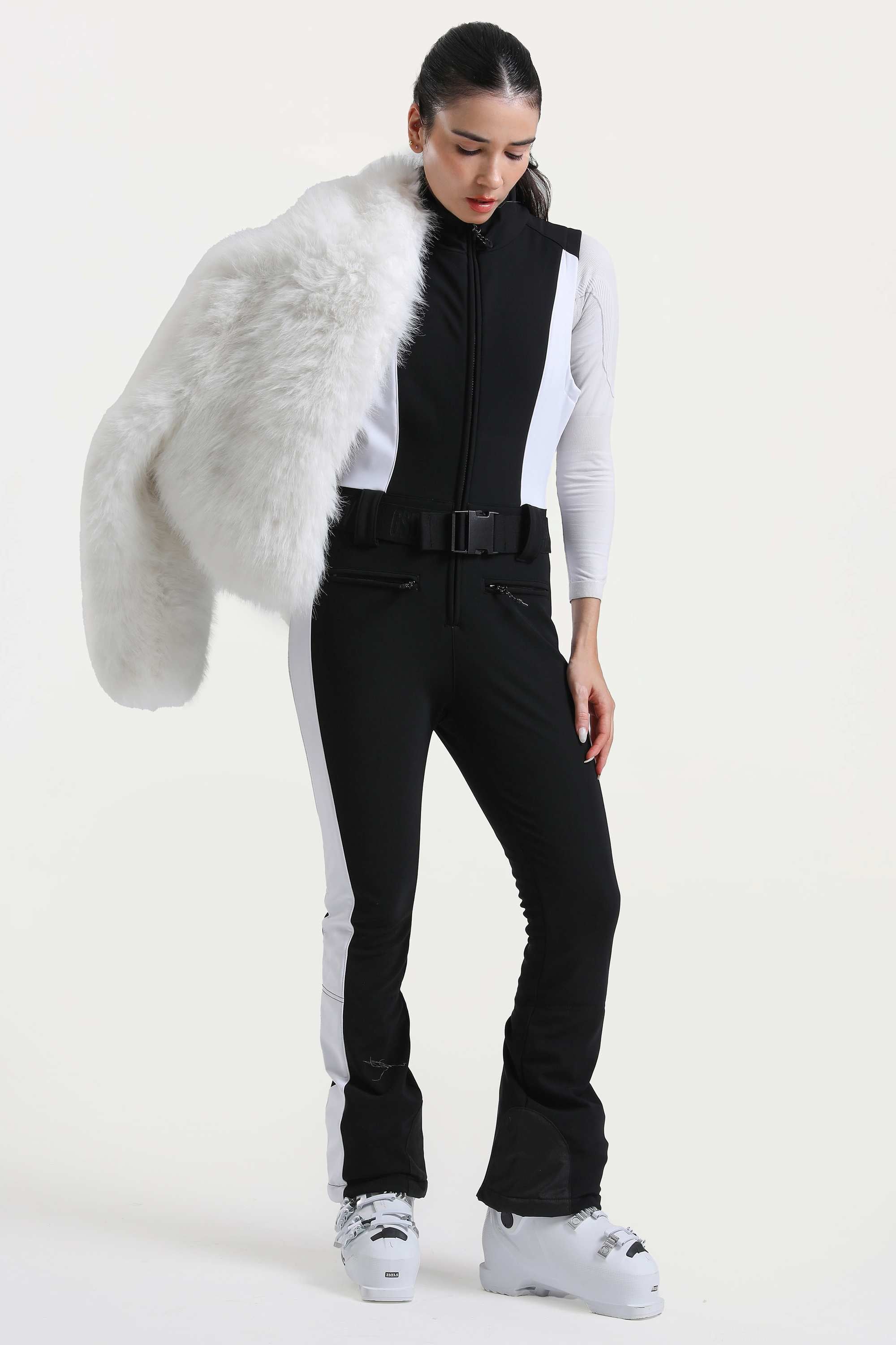 Women's White Slim-Fit Detachable Faux Fox Fur Flared-Leg One-Piece Ski Suit Snowboard Suit