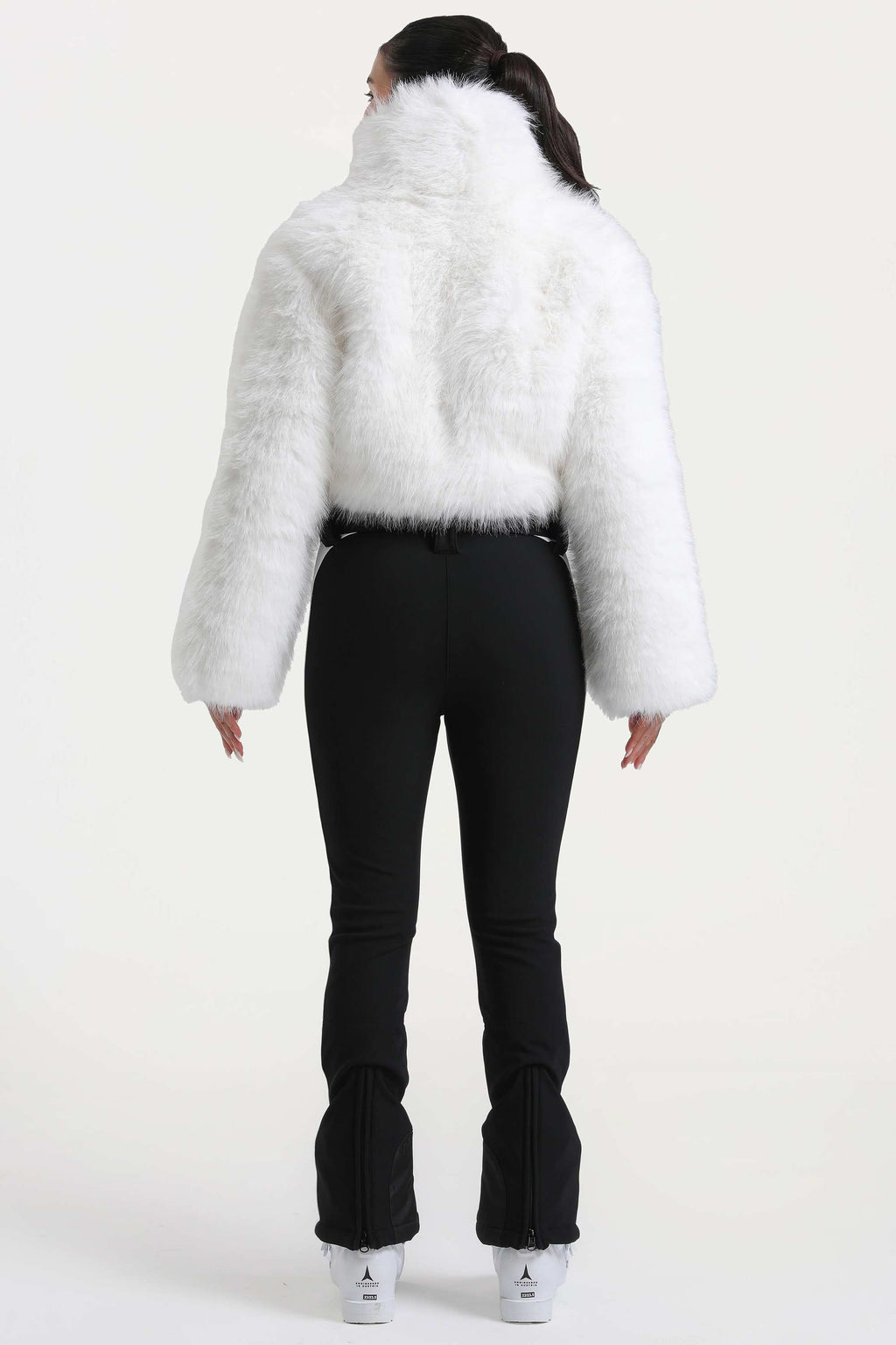 Women's White Slim-Fit Detachable Faux Fox Fur Flared-Leg One-Piece Ski Suit Snowboard Suit