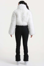 Women's White Slim-Fit Detachable Faux Fox Fur Flared-Leg One-Piece Ski Suit Snowboard Suit