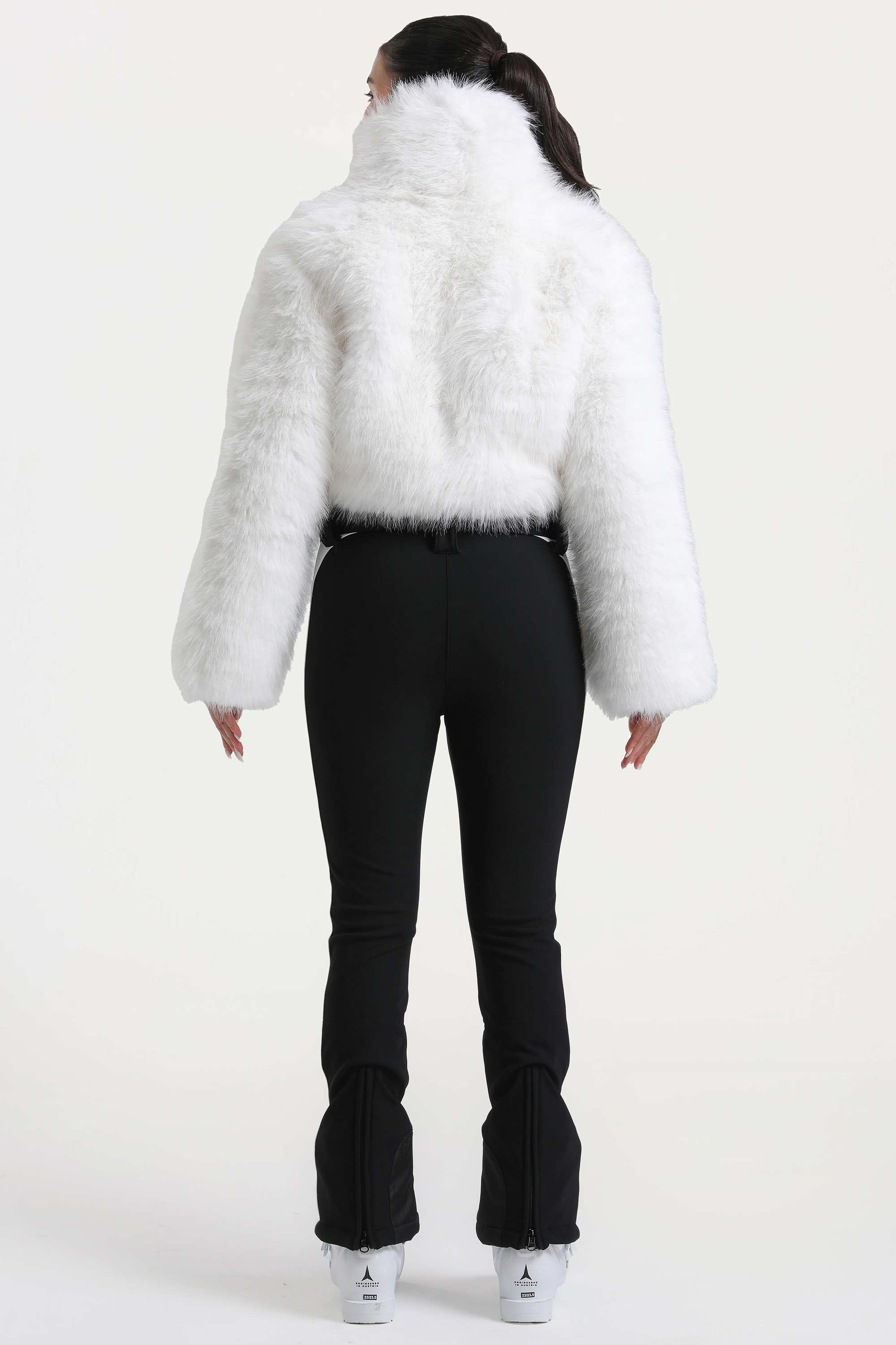 Women's White Slim-Fit Detachable Faux Fox Fur Flared-Leg One-Piece Ski Suit Snowboard Suit