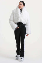Women's White Slim-Fit Detachable Faux Fox Fur Flared-Leg One-Piece Ski Suit Snowboard Suit