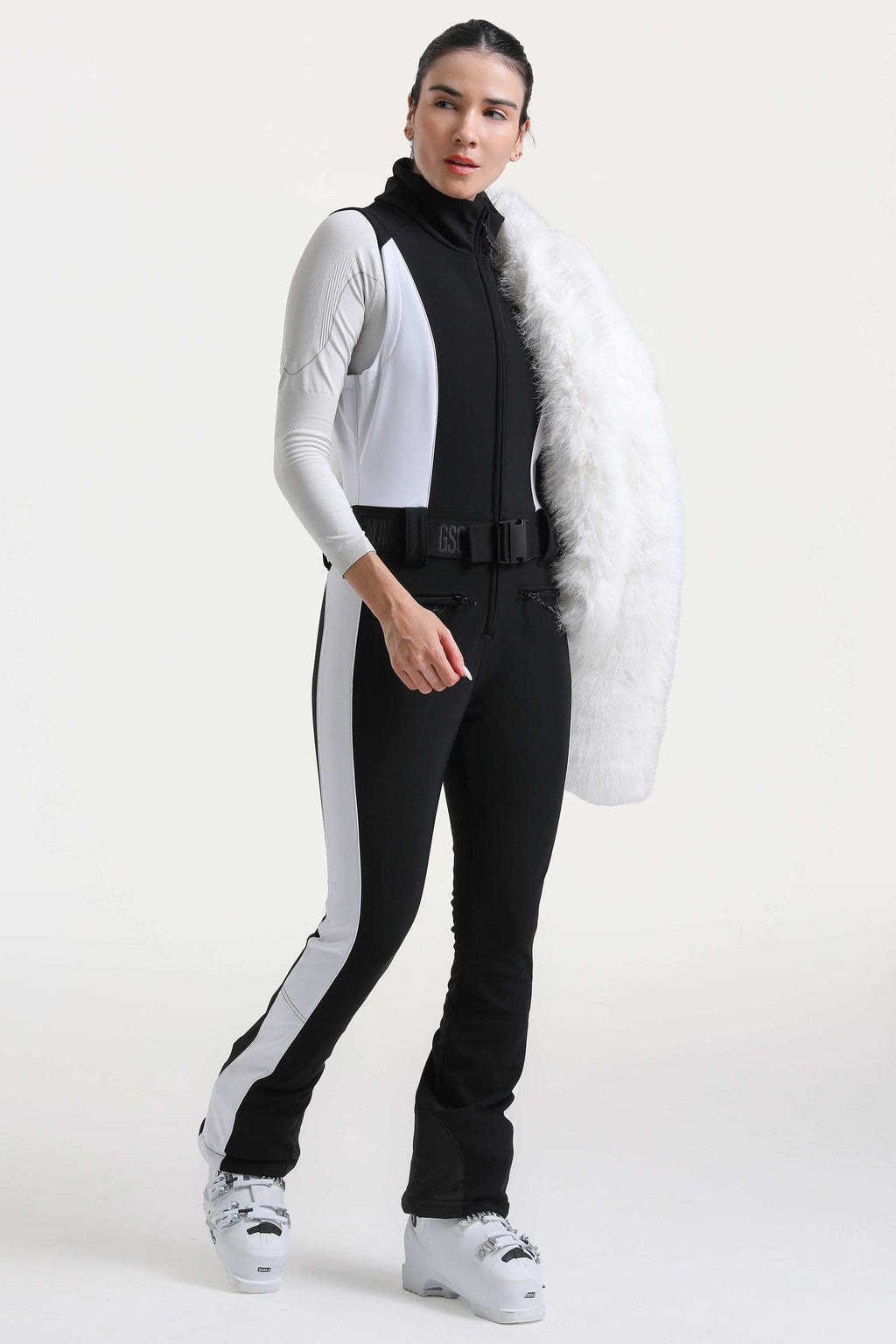 Women's White Slim-Fit Detachable Faux Fox Fur Flared-Leg One-Piece Ski Suit Snowboard Suit