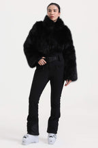 Women's White Fashion Slim-Fit Stretch Faux Fox Fur Flared One-Piece Ski Suit Snowboard Suit