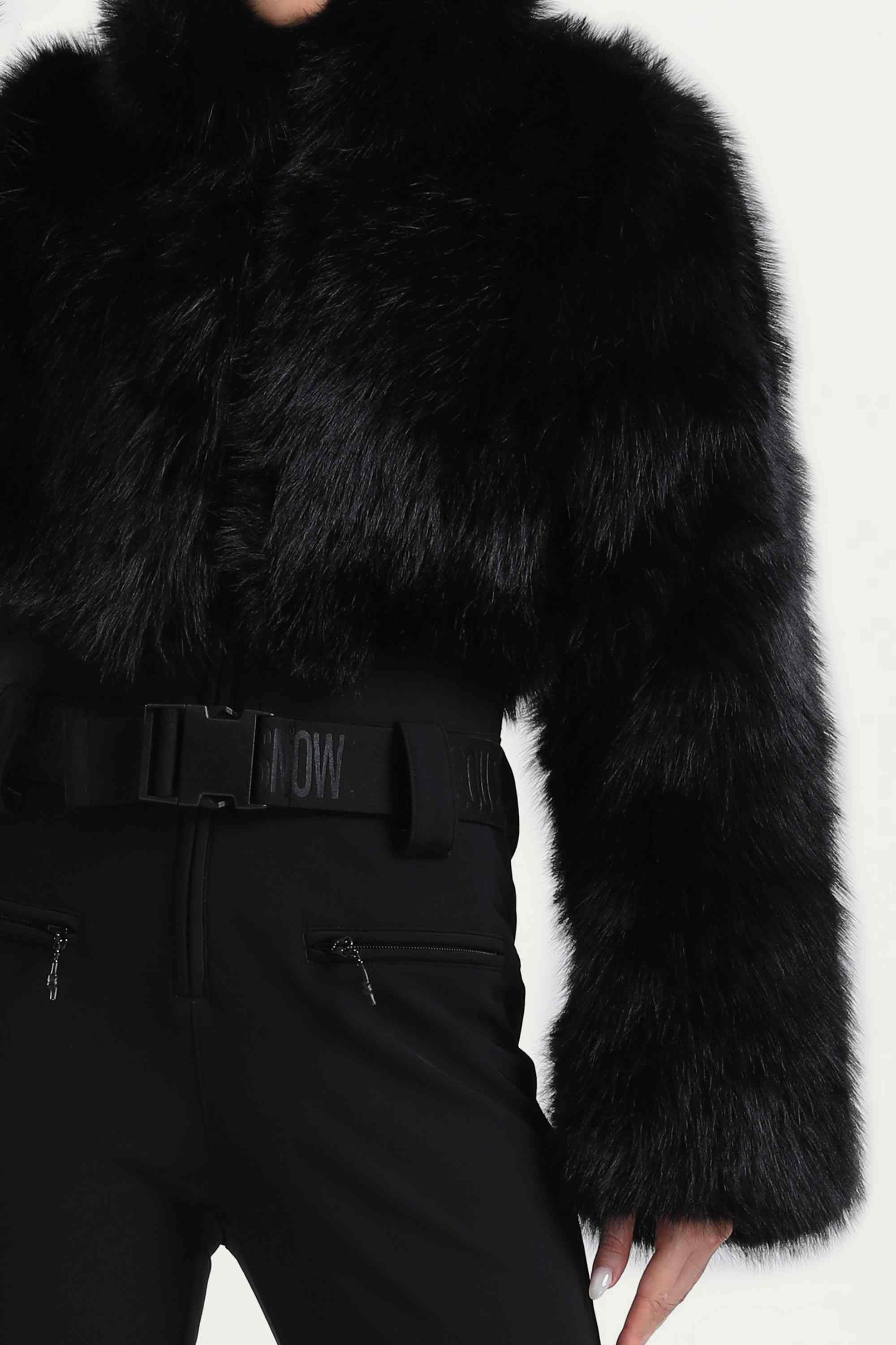 Women's Black Fashion Slim-Fit Stretch Faux Fox Fur Flared One-Piece Ski Suit Snowboard Suit Secondary image