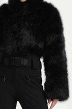 Women's Black Fashion Slim-Fit Stretch Faux Fox Fur Flared One-Piece Ski Suit Snowboard Suit