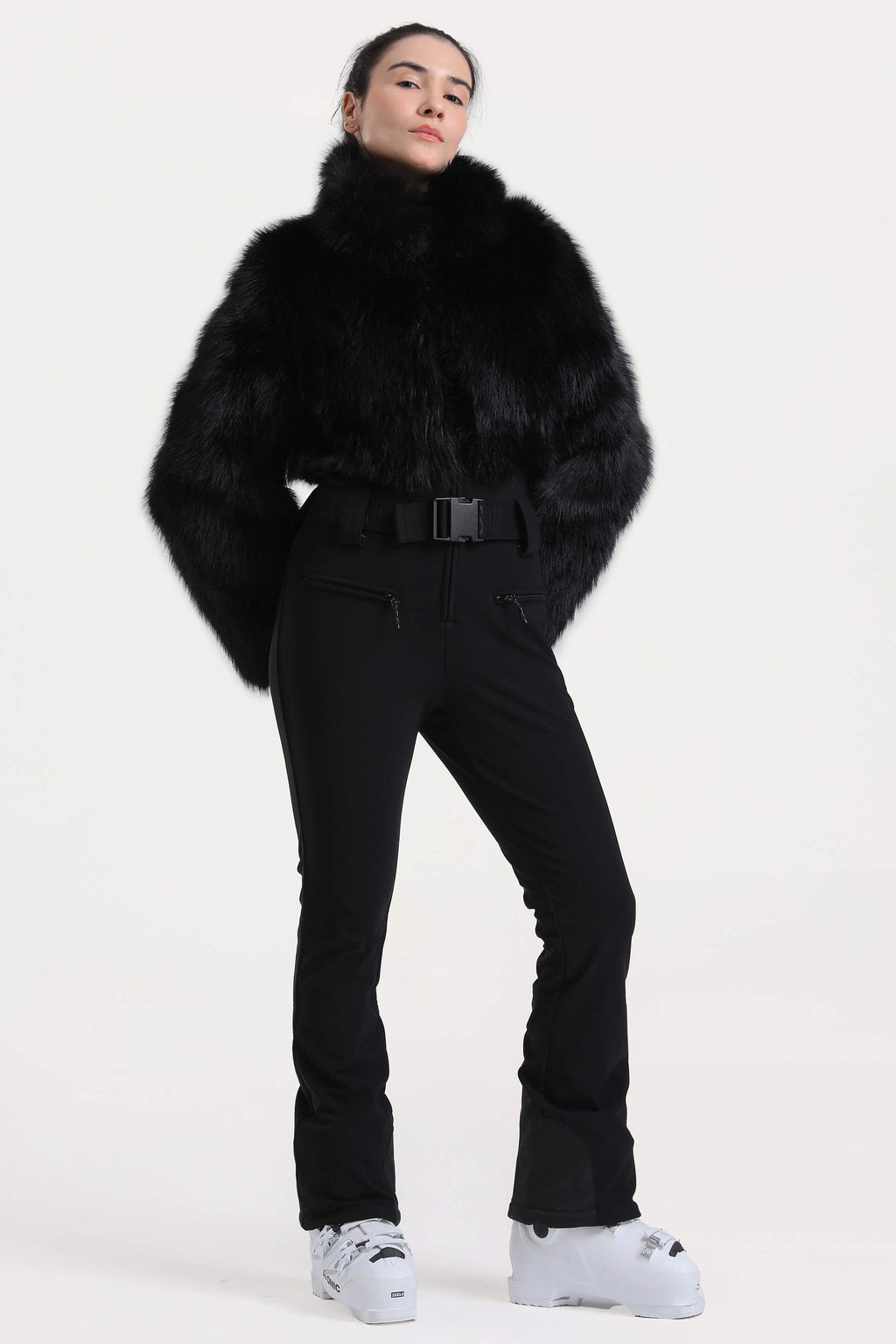 Women's Black Fashion Slim-Fit Stretch Faux Fox Fur Flared One-Piece Ski Suit Snowboard Suit