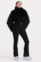 Women's Black Fashion Slim-Fit Stretch Faux Fox Fur Flared One-Piece Ski Suit Snowboard Suit
